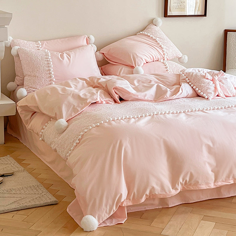 French Sweet Lace Plush Ball Bedding Set / Pink