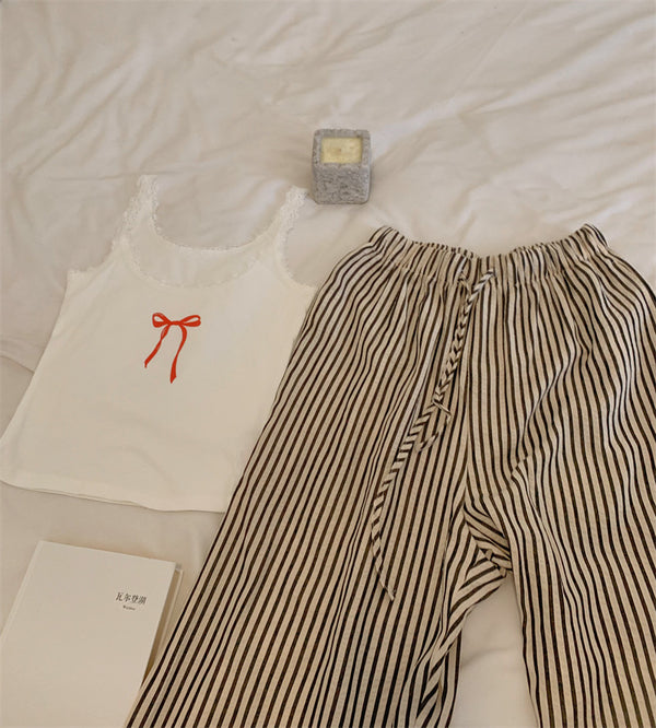 Striped and Tank Pajama Set / White + Cream