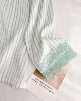 Silky Lace Striped Long Sleeves and Pants Pajama Set / Green