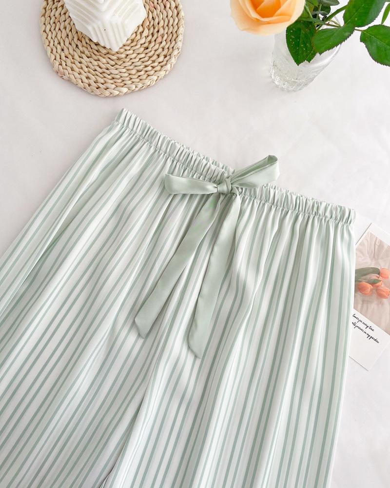 Silky Lace Striped Long Sleeves and Pants Pajama Set / Green