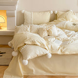 French Sweet Lace Plush Ball Bedding Set / Yellow