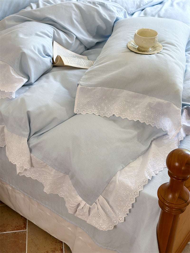 White Ruffle Lace Bedding Set / Blue