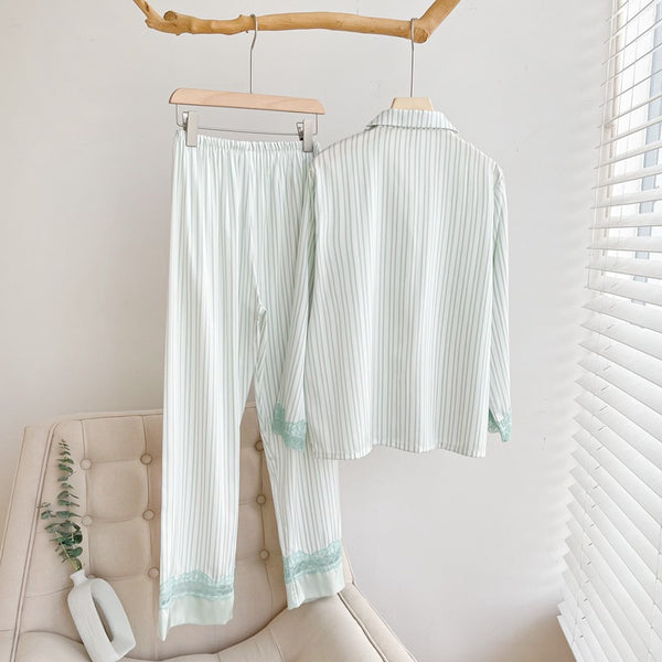 Silky Lace Striped Long Sleeves and Pants Pajama Set / Green