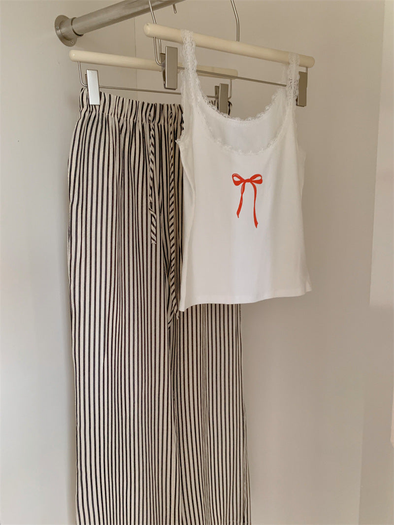 Striped and Tank Pajama Set / White + Cream