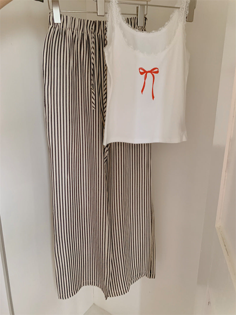 Striped and Tank Pajama Set / White + Cream