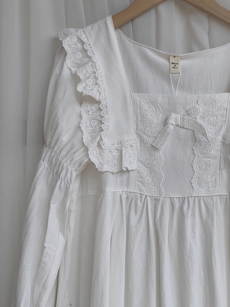 Cottage Ruffle Lace Nightgown Dress / White