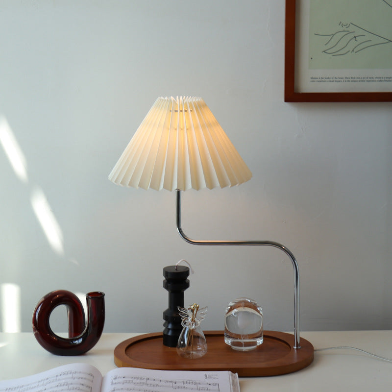 Pleated Wooden Tray Lamp / Cream Light
