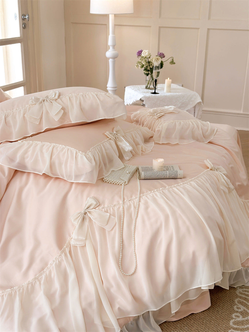 Ribbon Bow Airy Lace Bedding Set / Cream White