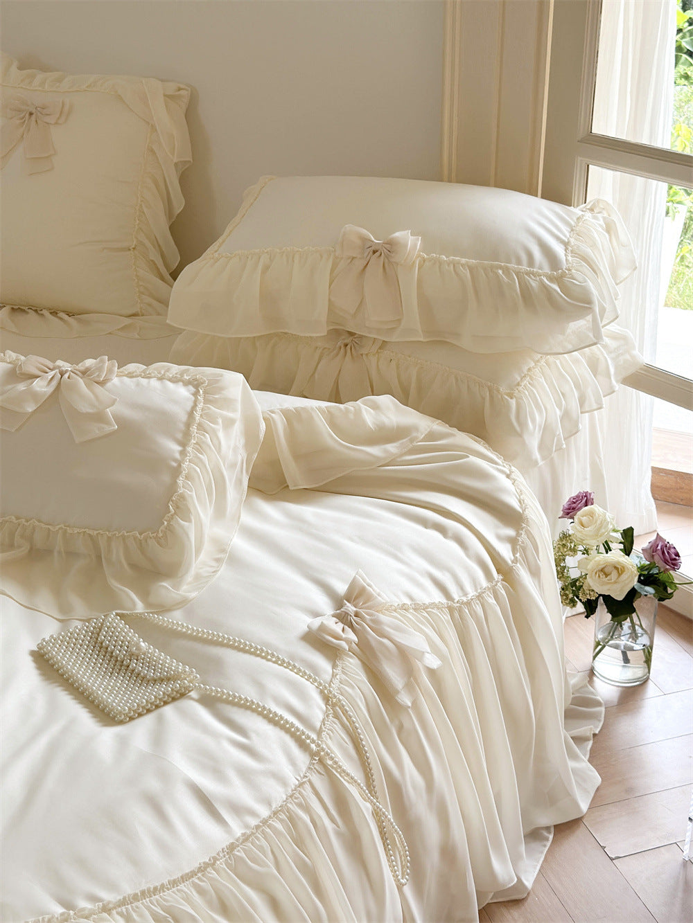 Ribbon Bow Airy Lace Bedding Set / Cream White