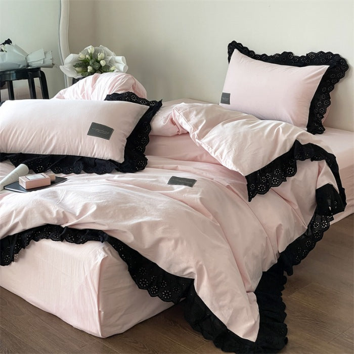 Strawberry Black Lace Ruffle Bedding Set / Pink