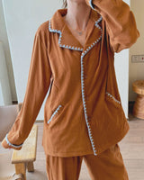 Plush Lapel Trimmed Casual Pajama Set / Brown