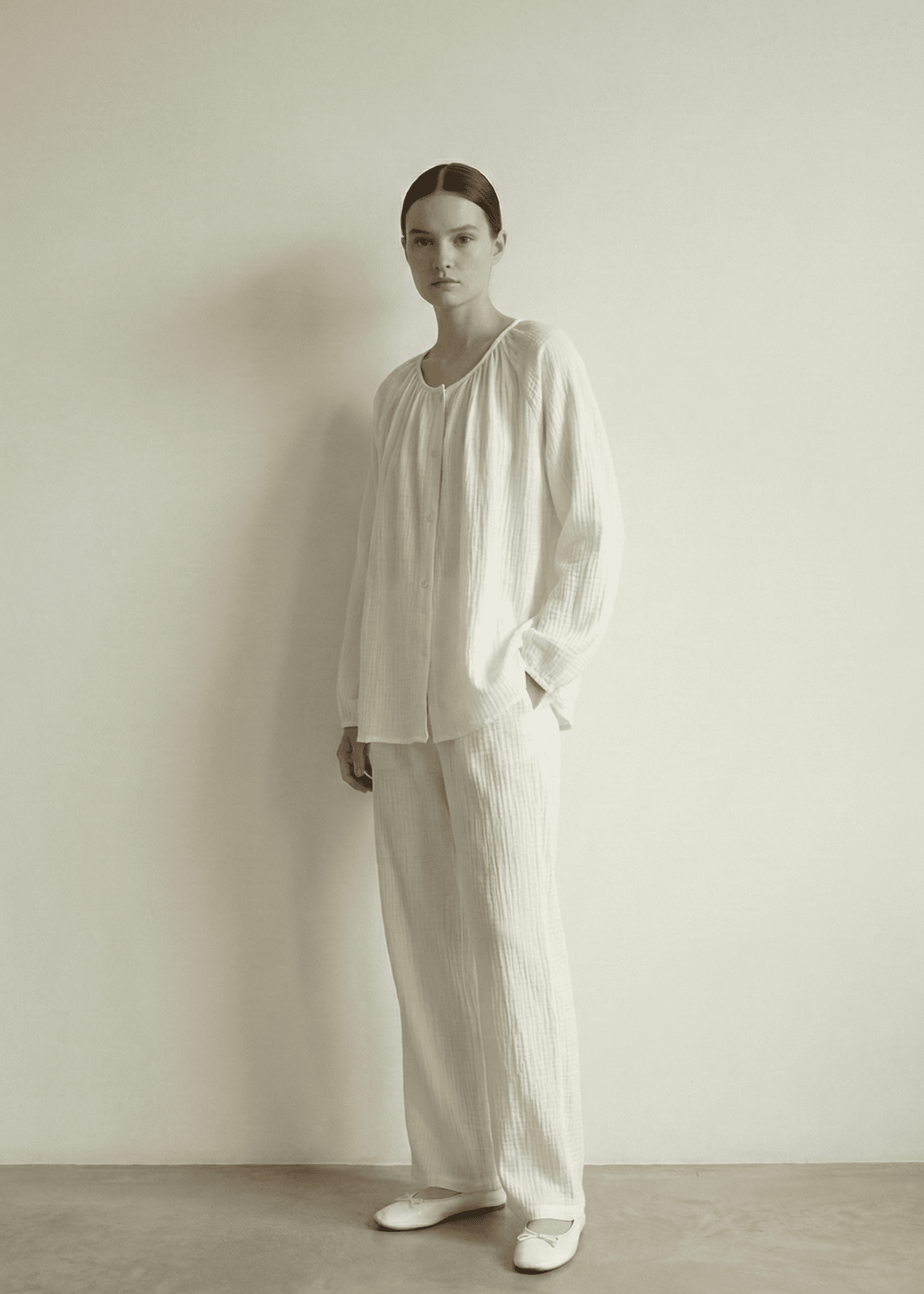  - Ever Lasting - Amélie Double - Layer Cotton Round - Neck Pajama Set / White - Pajamas - Ever Lasting