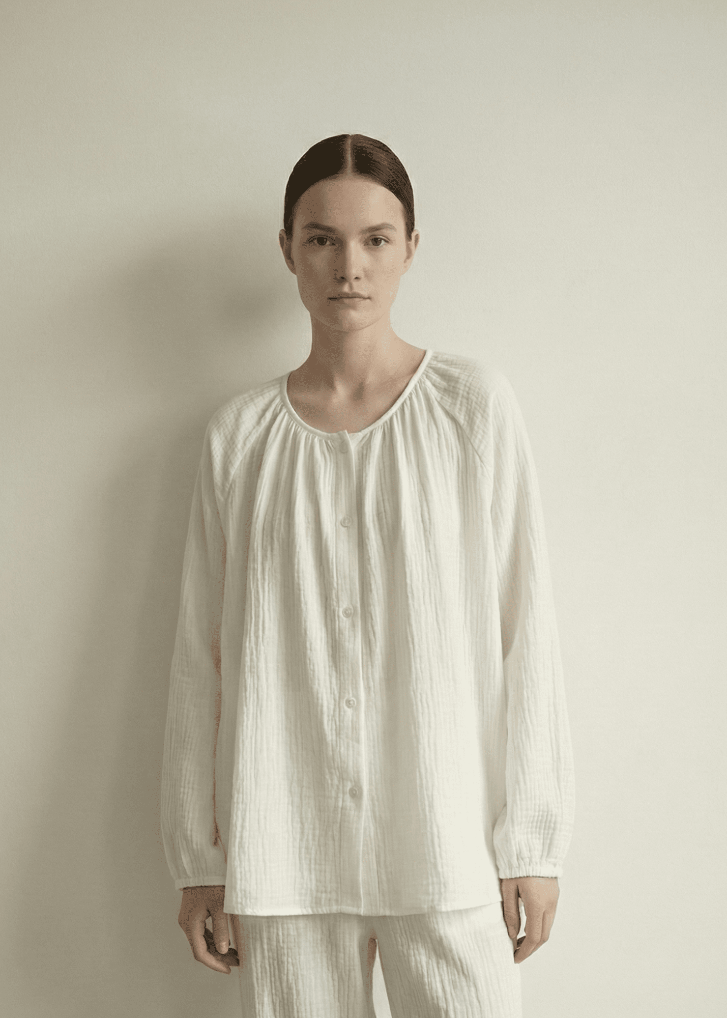 - Ever Lasting - Amélie Double - Layer Cotton Round - Neck Pajama Set / White - Pajamas - Ever Lasting