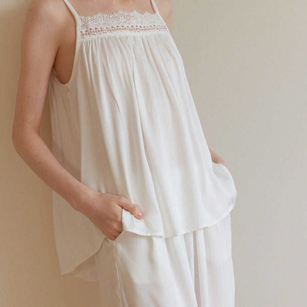 Amie Lace Collar Satin Lightweight Pajama Set / White - Ever Lasting