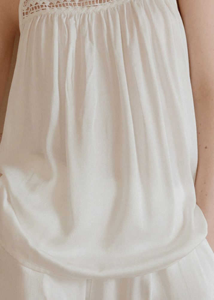 Amie Lace Collar Satin Lightweight Pajama Set / White - Ever Lasting