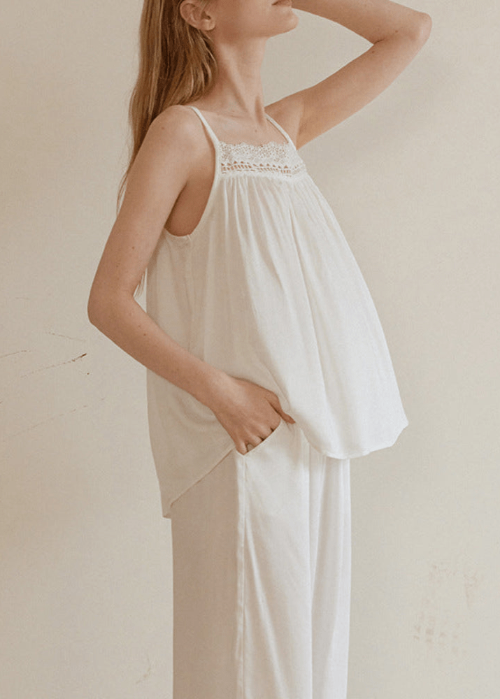 Amie Lace Collar Satin Lightweight Pajama Set / White - Ever Lasting