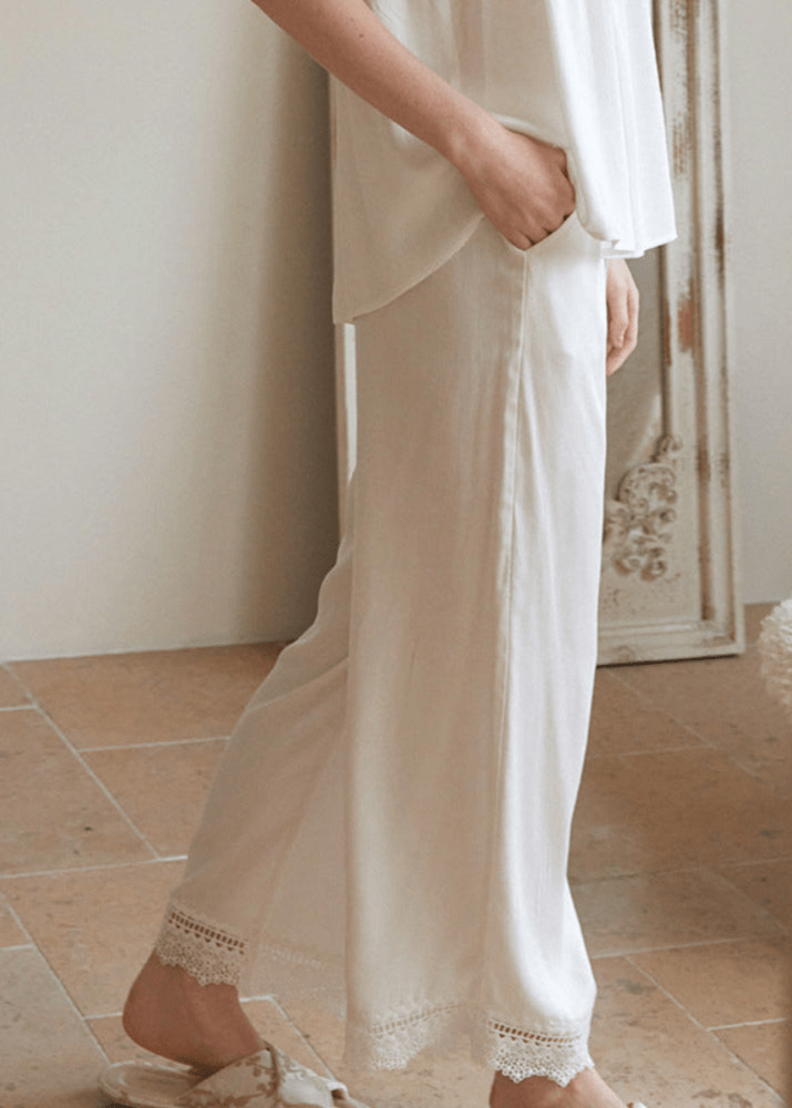 Amie Lace Collar Satin Lightweight Pajama Set / White - Ever Lasting