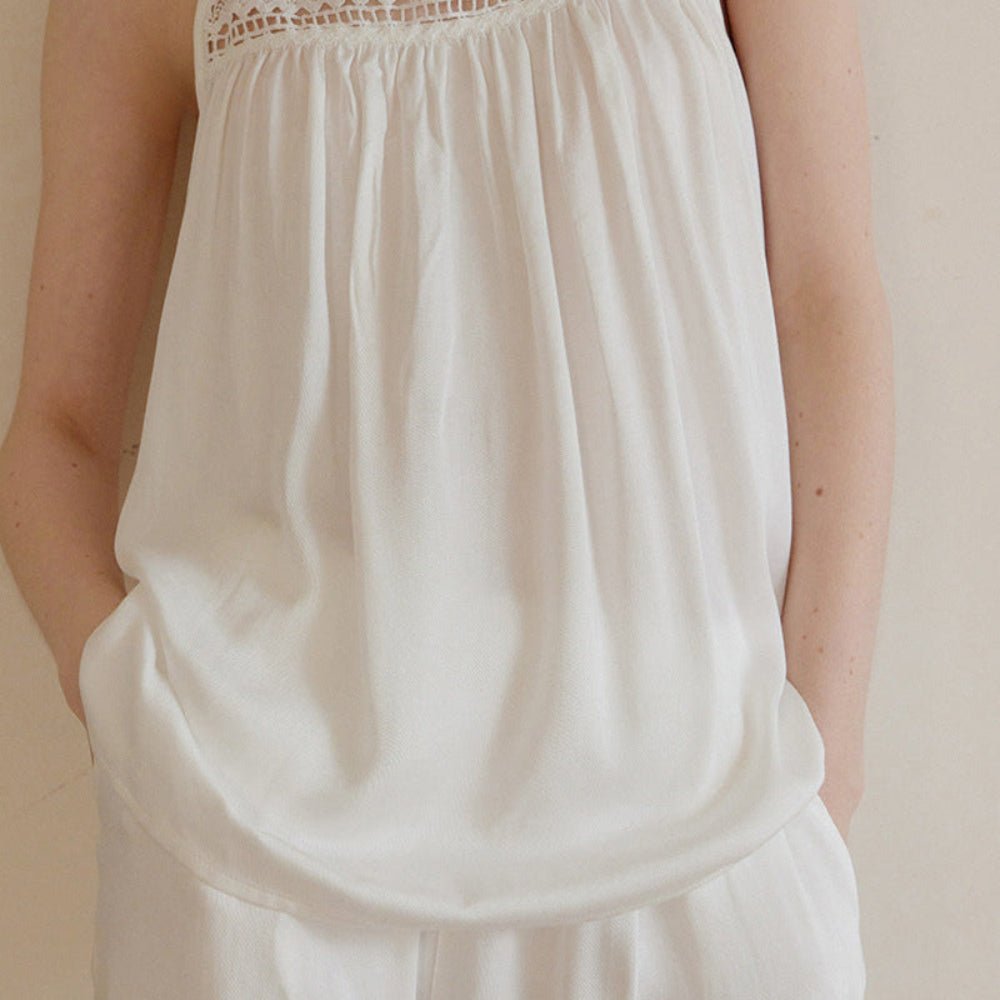 Amie Lace Collar Satin Lightweight Pajama Set / White - Ever Lasting