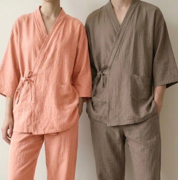  - Ever Lasting - Anaïs Japanese Style Cotton Kimono Pajama Set / Peach (Unisex) - Pajamas - Ever Lasting