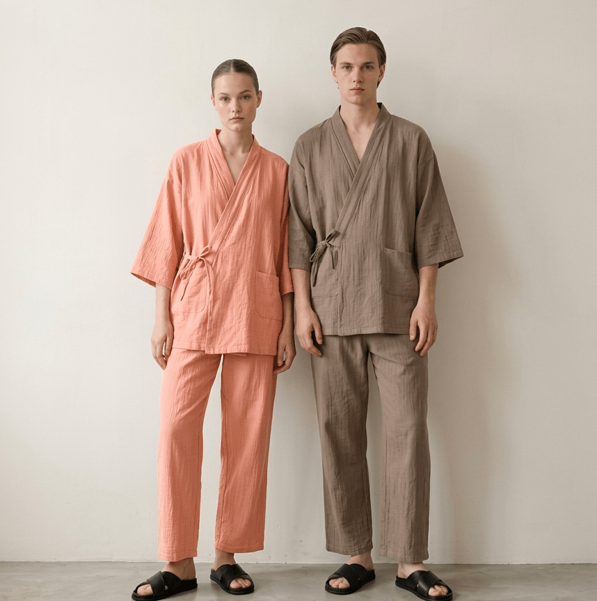  - Ever Lasting - Anaïs Japanese Style Cotton Kimono Pajama Set / Peach (Unisex) - Pajamas - Ever Lasting