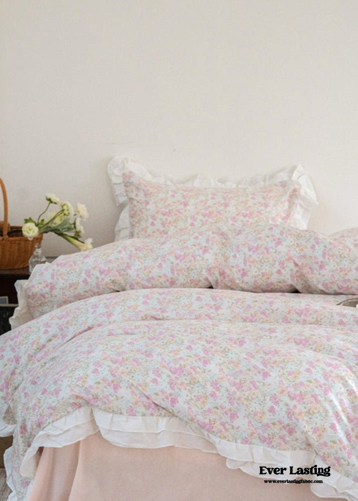Annie Lace Ruffle Floral Bedding Set / Pink Beige - Ever Lasting