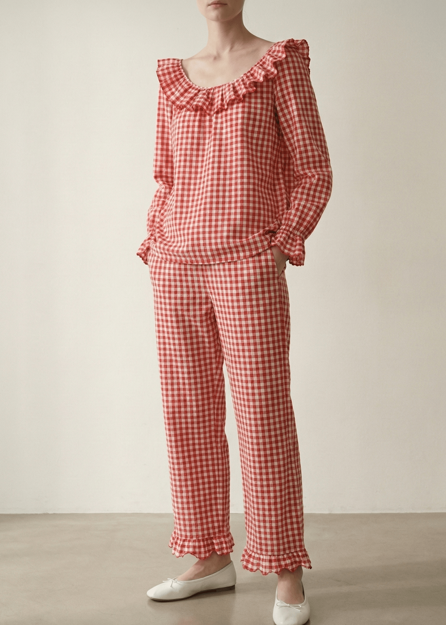  - Ever Lasting - Ariane Gingham Boat Neck Combed Cotton Pajama Set / Red - Pajama Set - Ever Lasting
