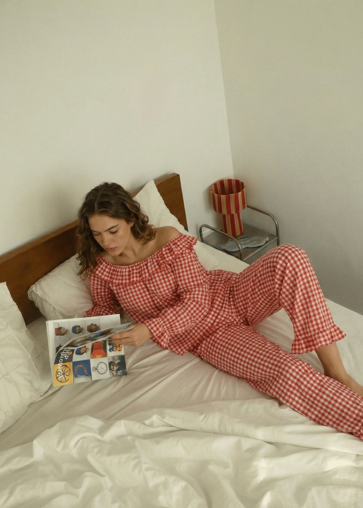 - Ever Lasting - Ariane Gingham Boat Neck Combed Cotton Pajama Set / Red - Pajama Set - Ever Lasting