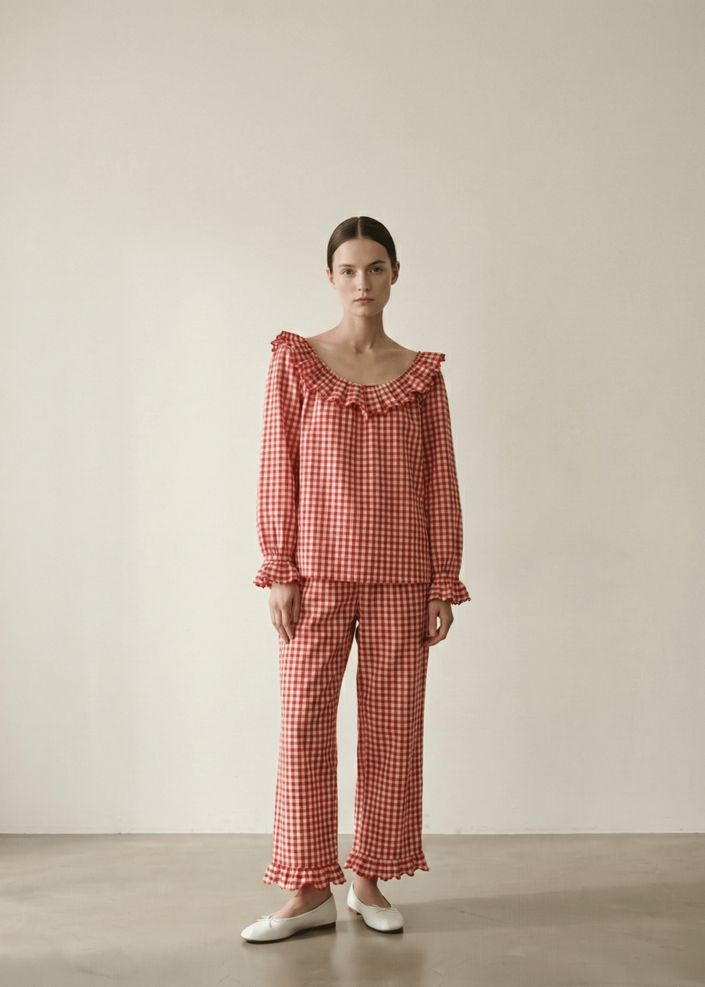  - Ever Lasting - Ariane Gingham Boat Neck Combed Cotton Pajama Set / Red - Pajama Set - Ever Lasting