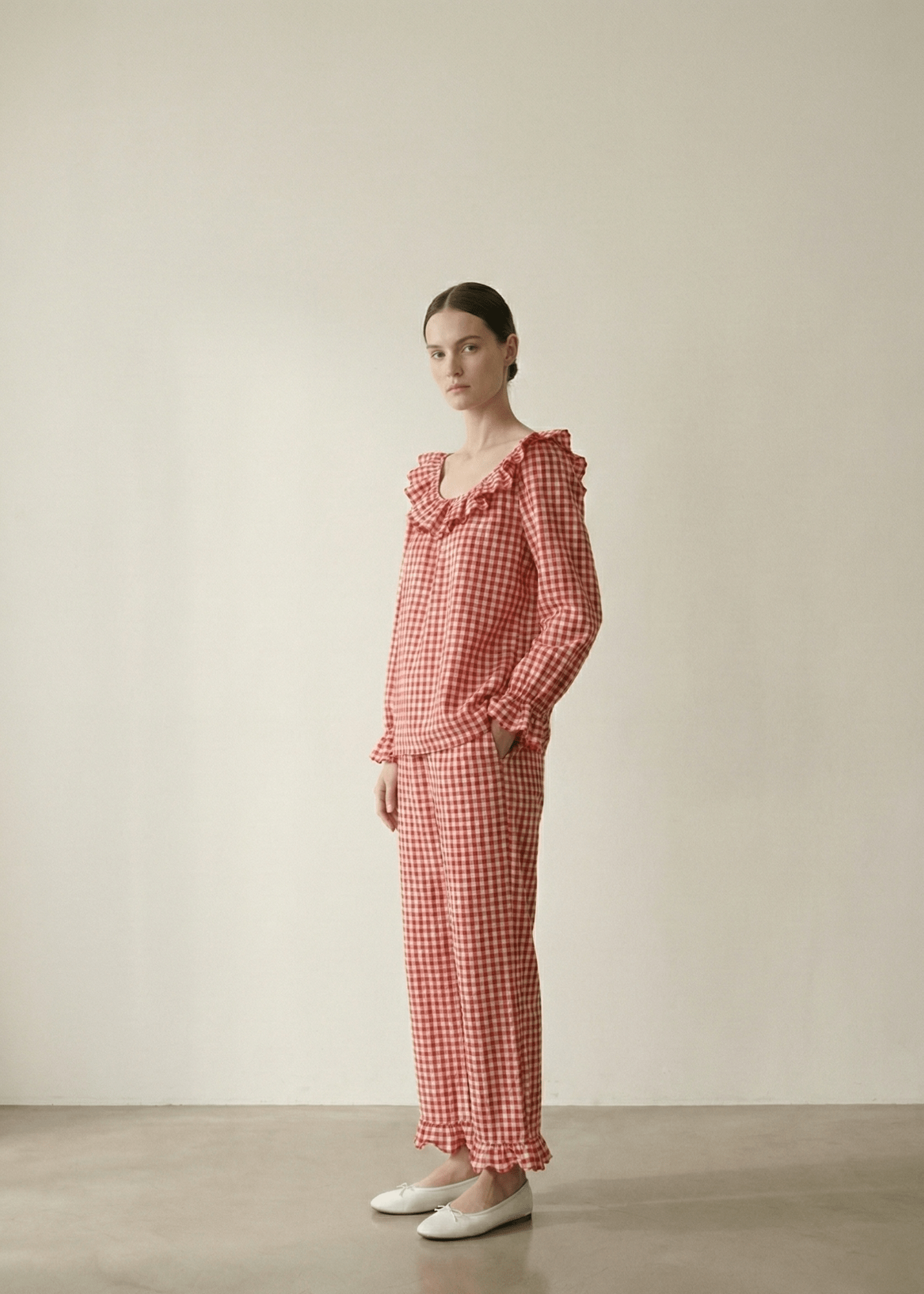  - Ever Lasting - Ariane Gingham Boat Neck Combed Cotton Pajama Set / Red - Pajama Set - Ever Lasting