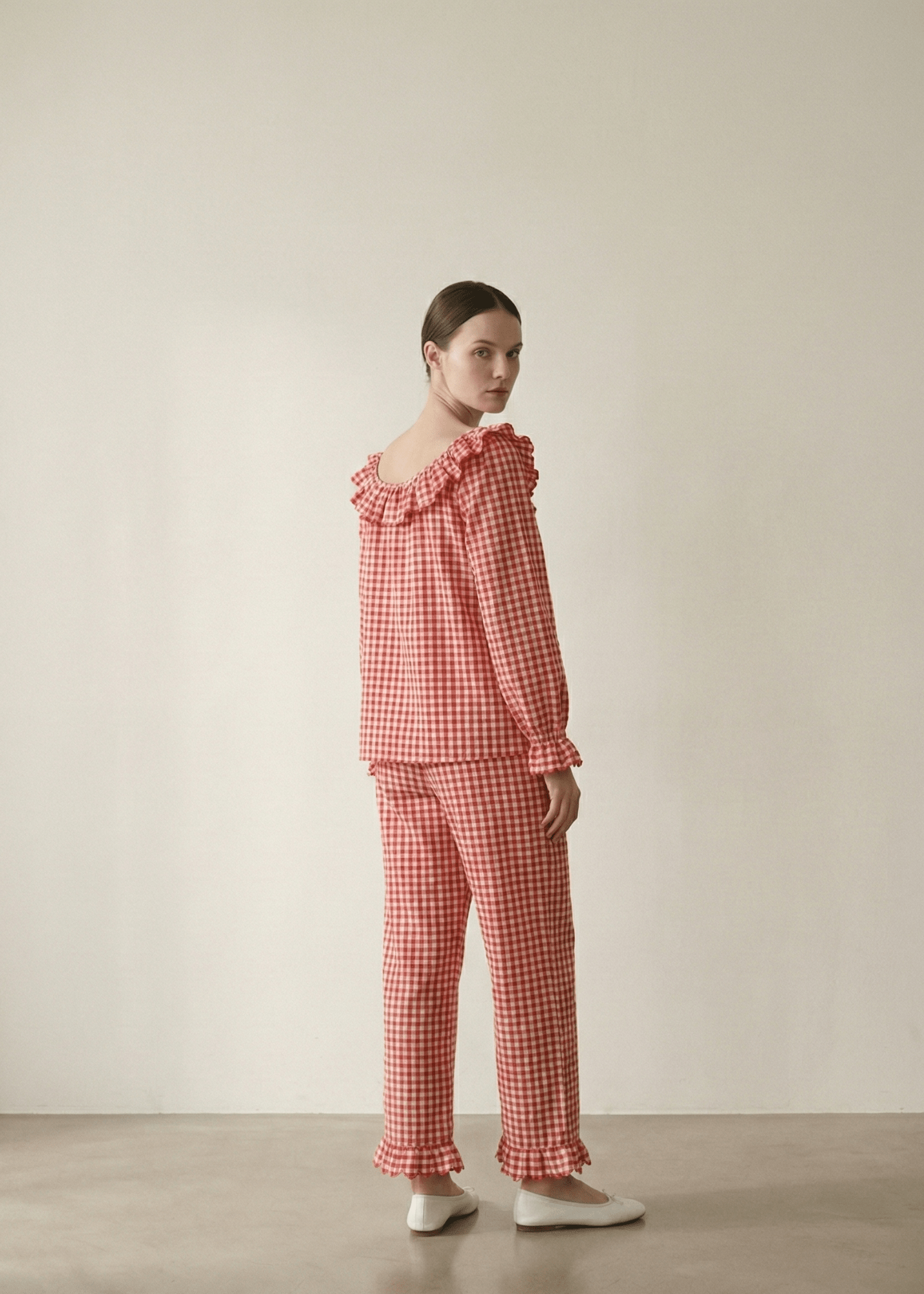 - Ever Lasting - Ariane Gingham Boat Neck Combed Cotton Pajama Set / Red - Pajama Set - Ever Lasting