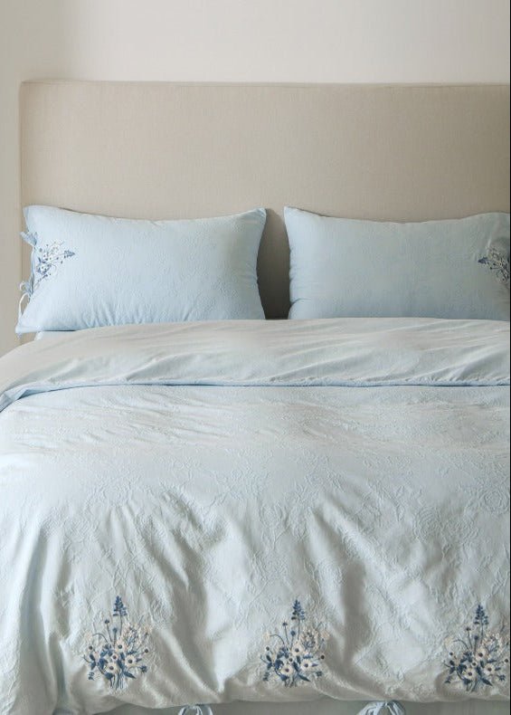 -Ever Lasting - Ariella Floral Embroidered Bedding Set / Blue -Bedding Set -Ever Lasting