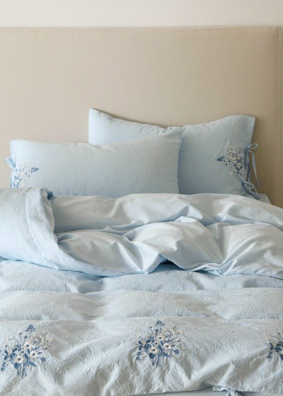 -Ever Lasting - Ariella Floral Embroidered Bedding Set / Blue -Bedding Set -Ever Lasting
