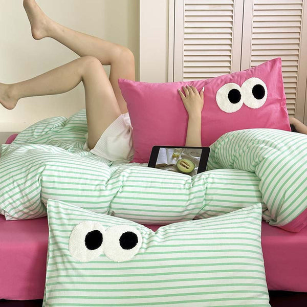 Assorted Googly Eyes Patterned Pillowcases Mint Stripes +