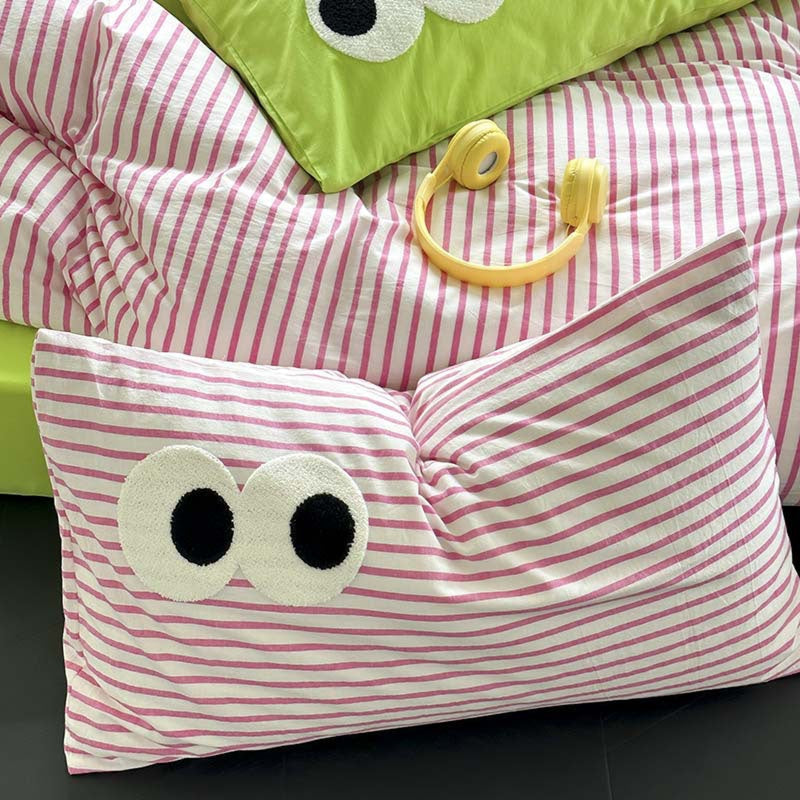 Assorted Googly Eyes Patterned Pillowcases Pink Stripes +