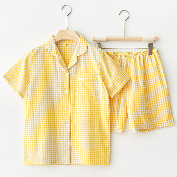 Assorted Short-Sleeve & Shorts Pajama Set / Blue Yellow Gingham Small/Medium Pajamas