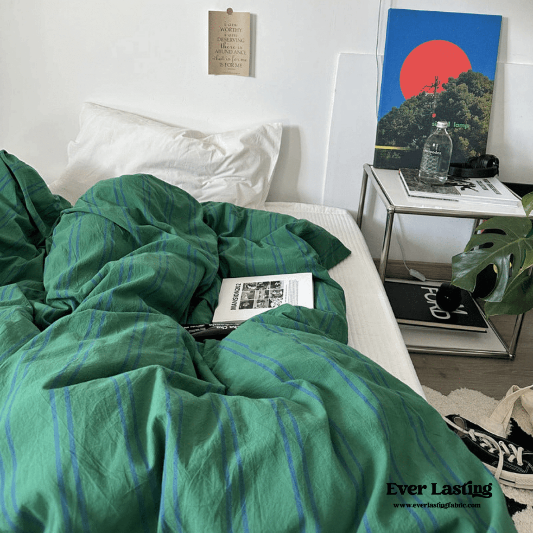 Assorted Washed Cotton Striped Duvet Cover / Forest Green - Ever Lasting