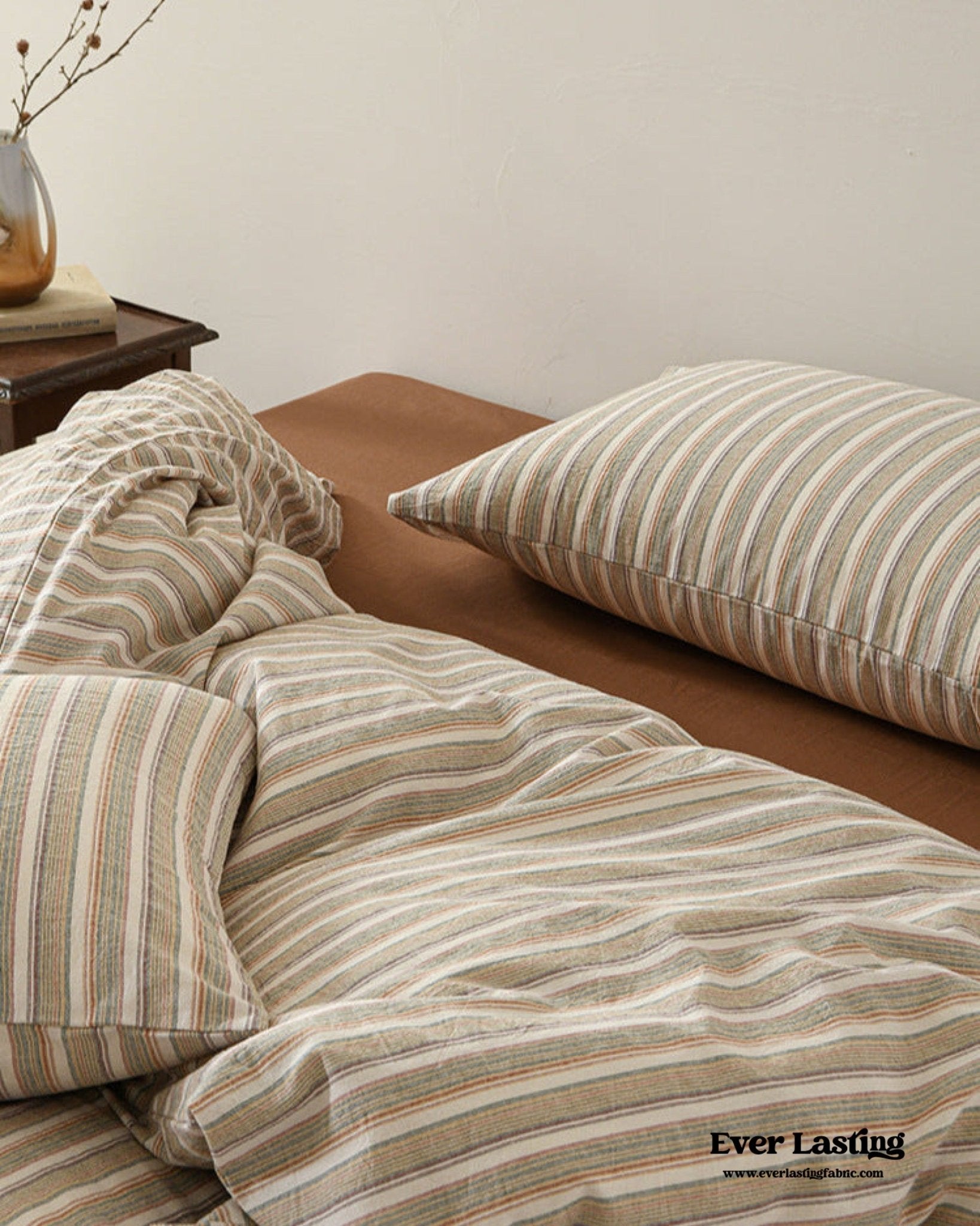Ava Vintage Striped Cotton Bedding Set / Beige Solid - Ever Lasting
