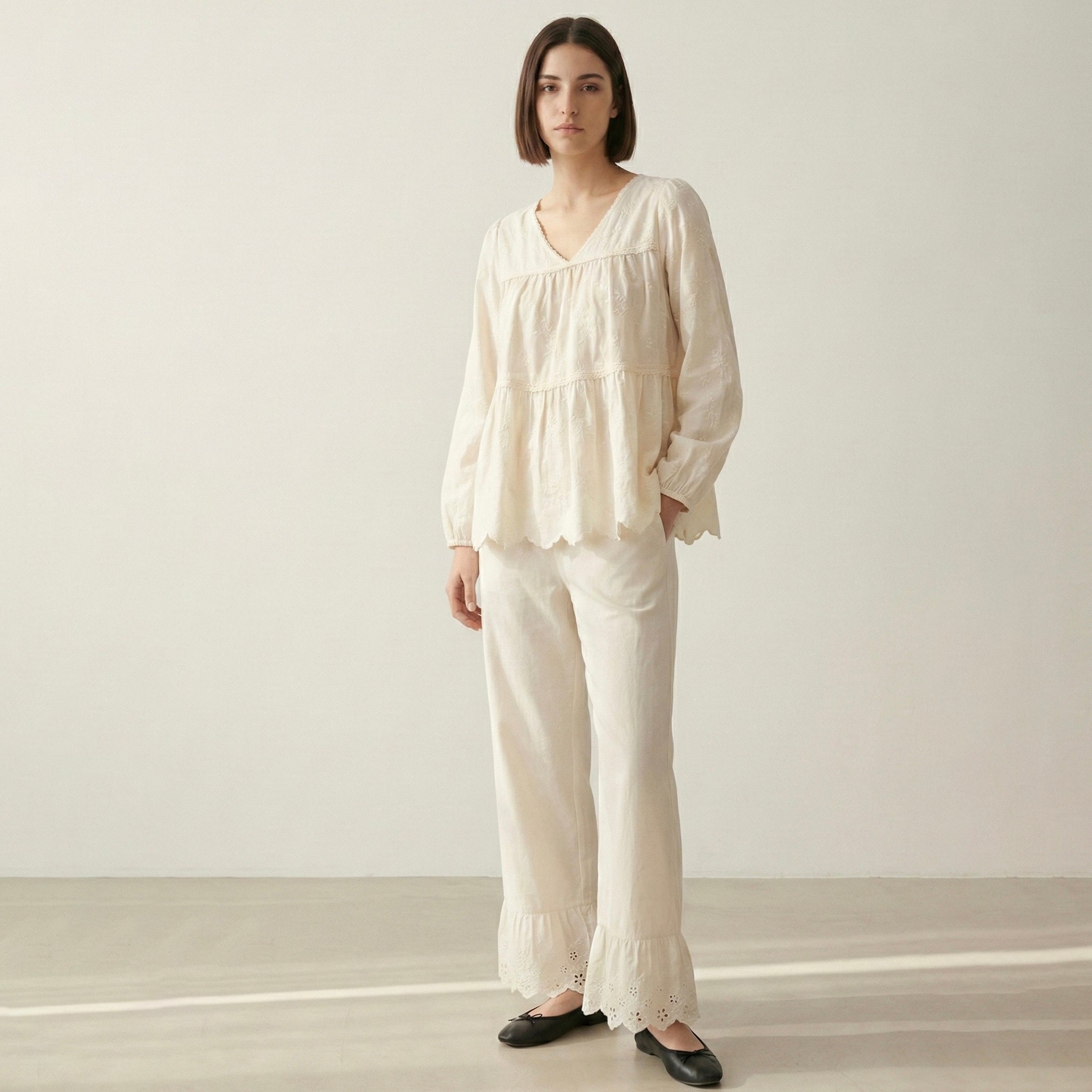  - Ever Lasting - Avery Long - Sleeve & Long - Pant Floral Pajama Set / White - Pajamas - Ever Lasting