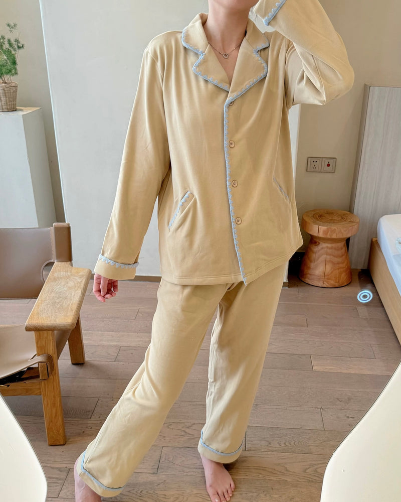 Plush Lapel Trimmed Casual Pajama Set / Brown