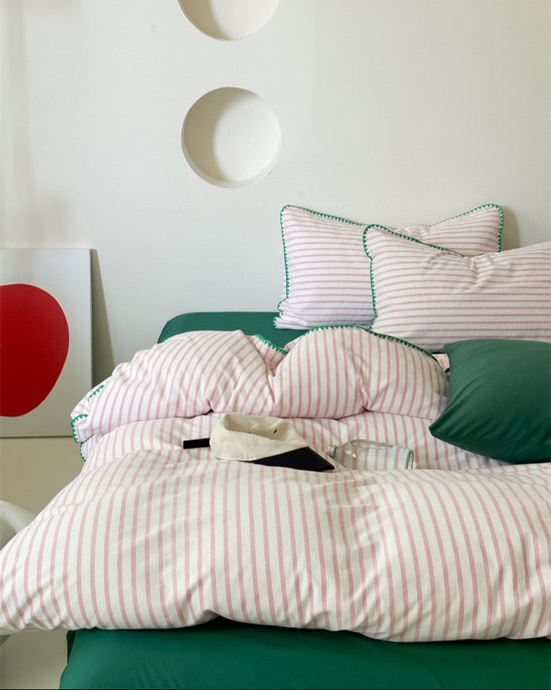 Pepper Candy Stripe Bedding Set / Green + Pink