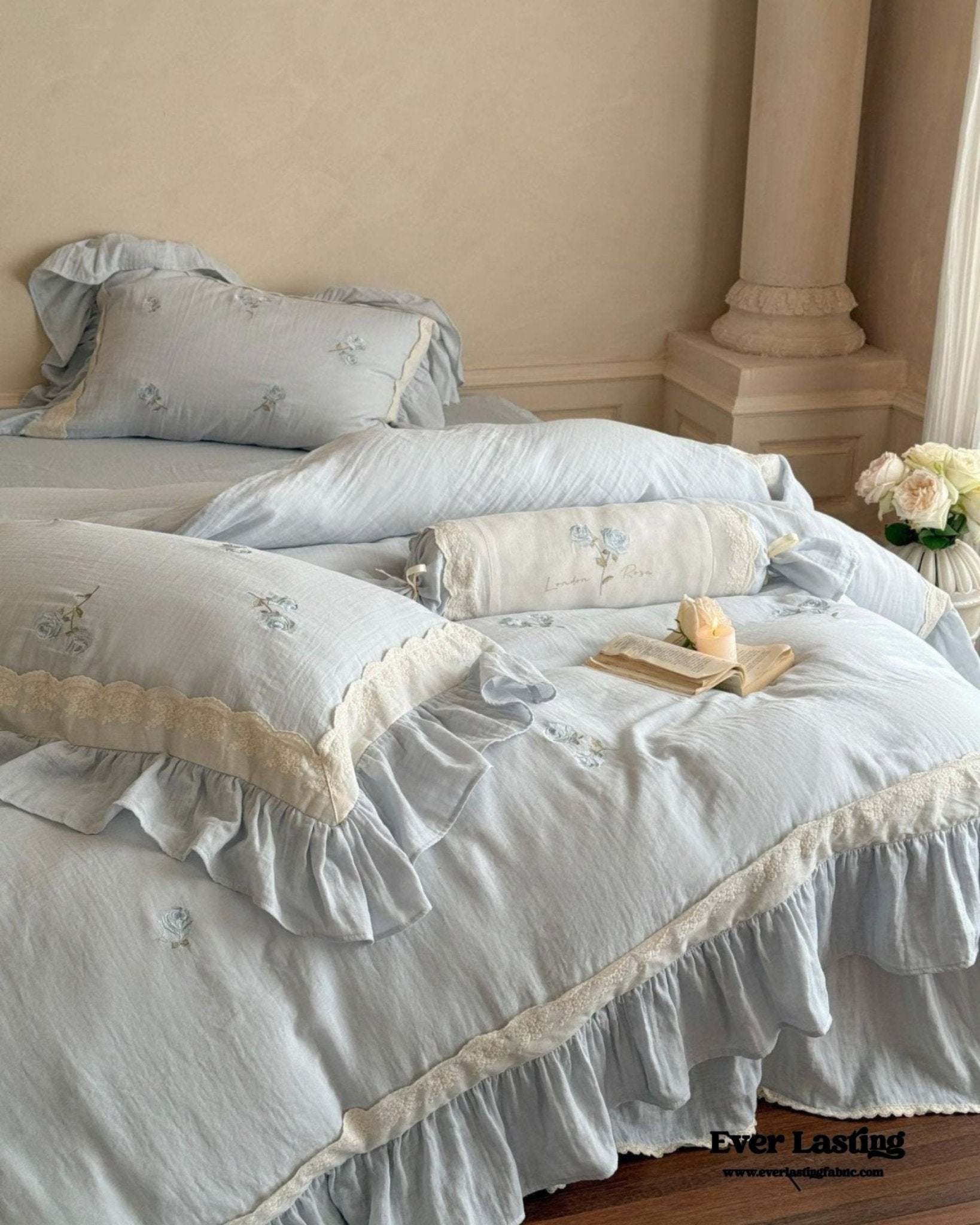 Beatrice Rose Lace Ruffle Bedding Set / Blue - Ever Lasting