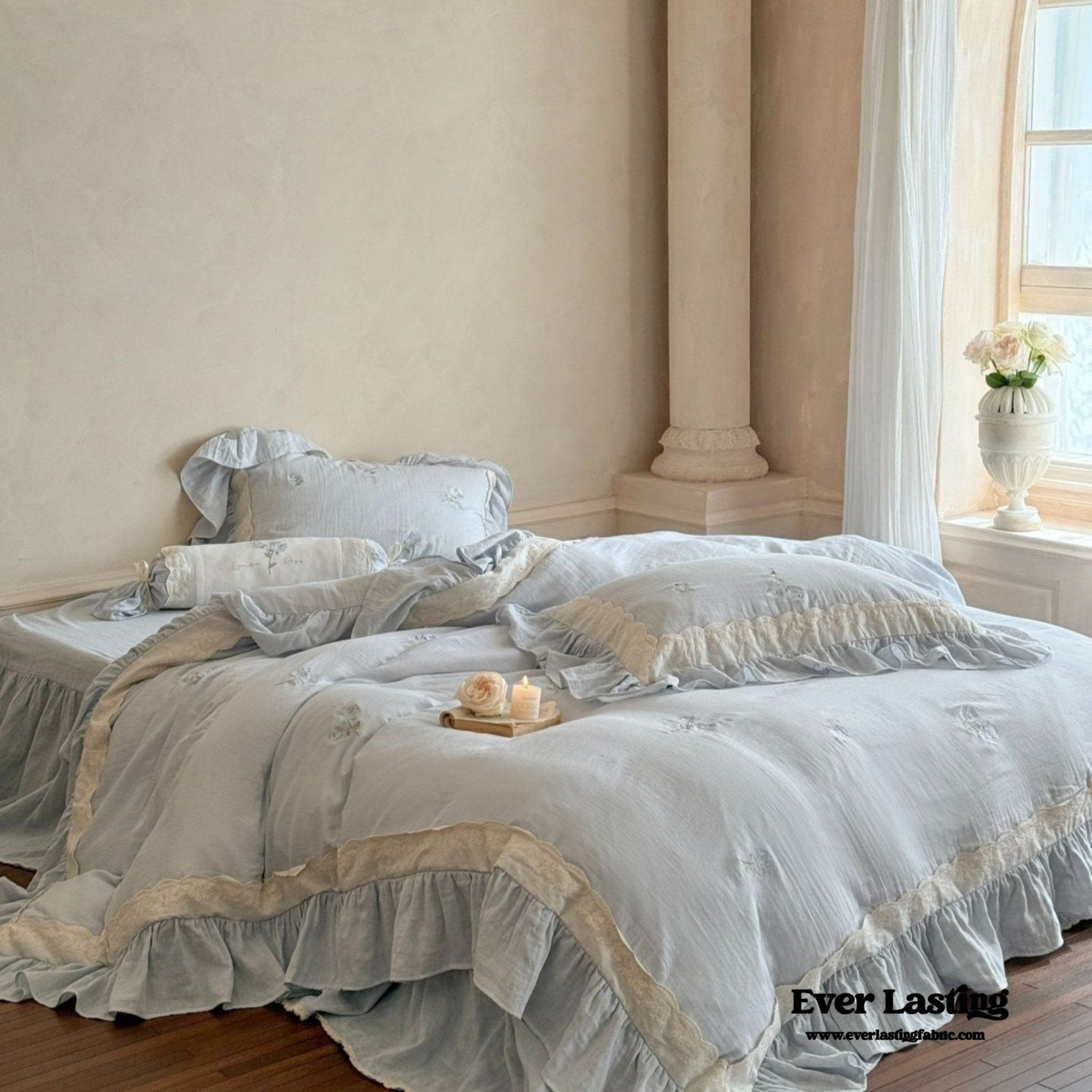 Beatrice Rose Lace Ruffle Bedding Set / Blue - Ever Lasting