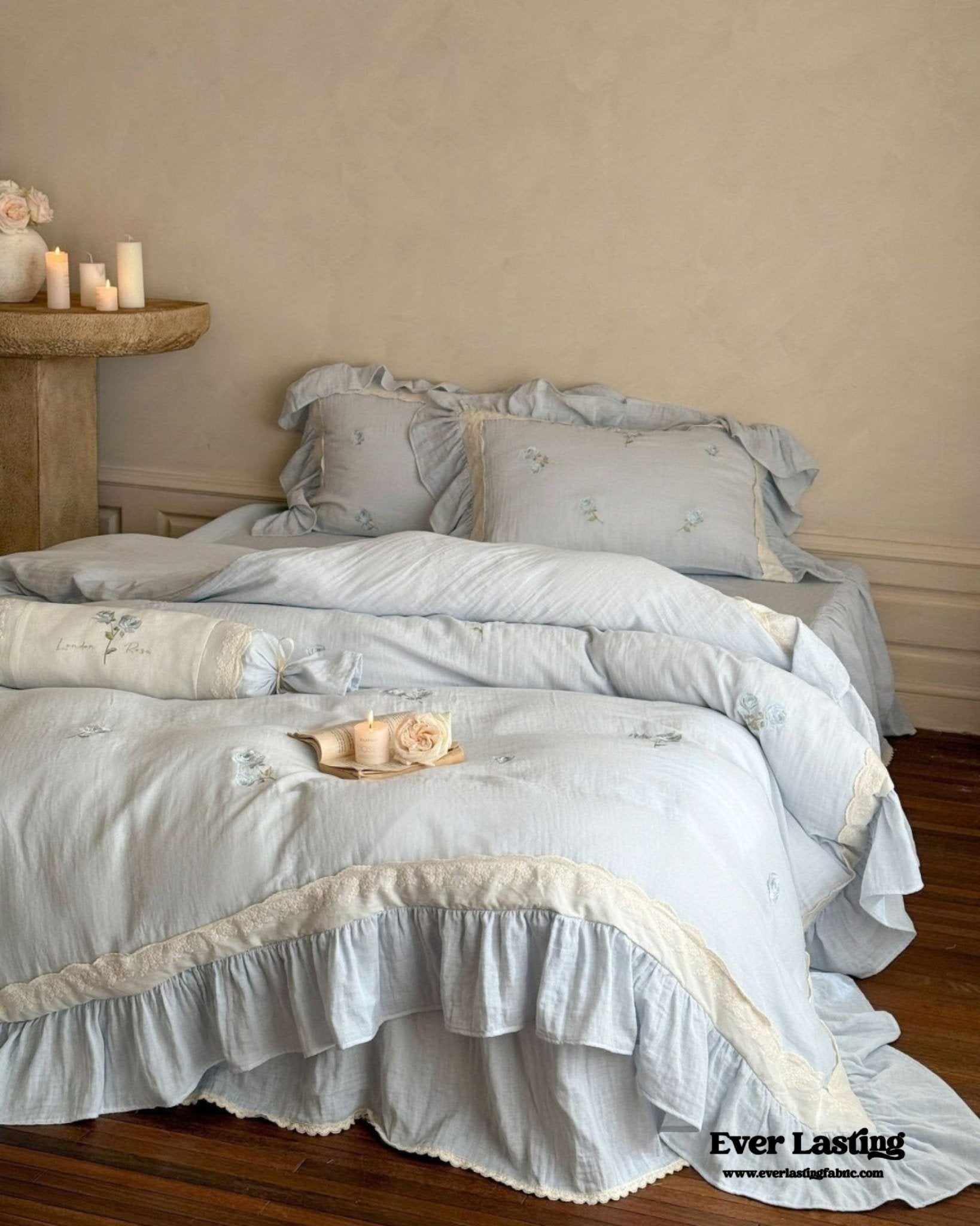 Beatrice Rose Lace Ruffle Bedding Set / Blue - Ever Lasting