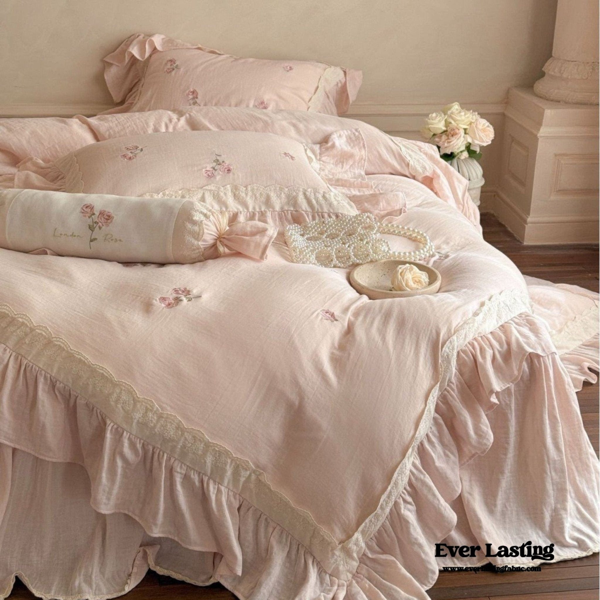 Beatrice Rose Lace Ruffle Bedding Set / Blue - Ever Lasting