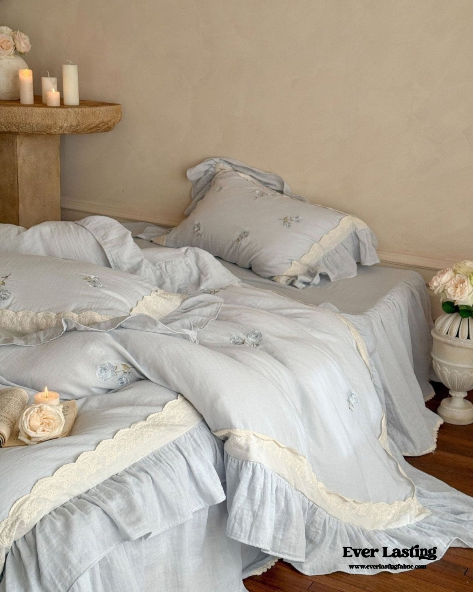 Beatrice Rose Lace Ruffle Bedding Set / Blue - Ever Lasting