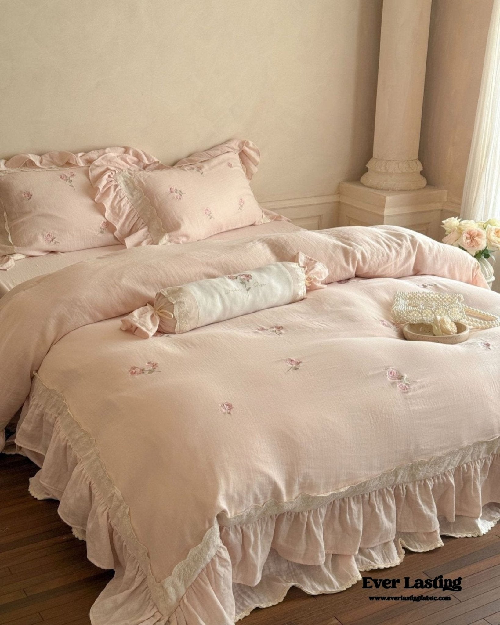 Beatrice Rose Lace Ruffle Bedding Set / Blue - Ever Lasting