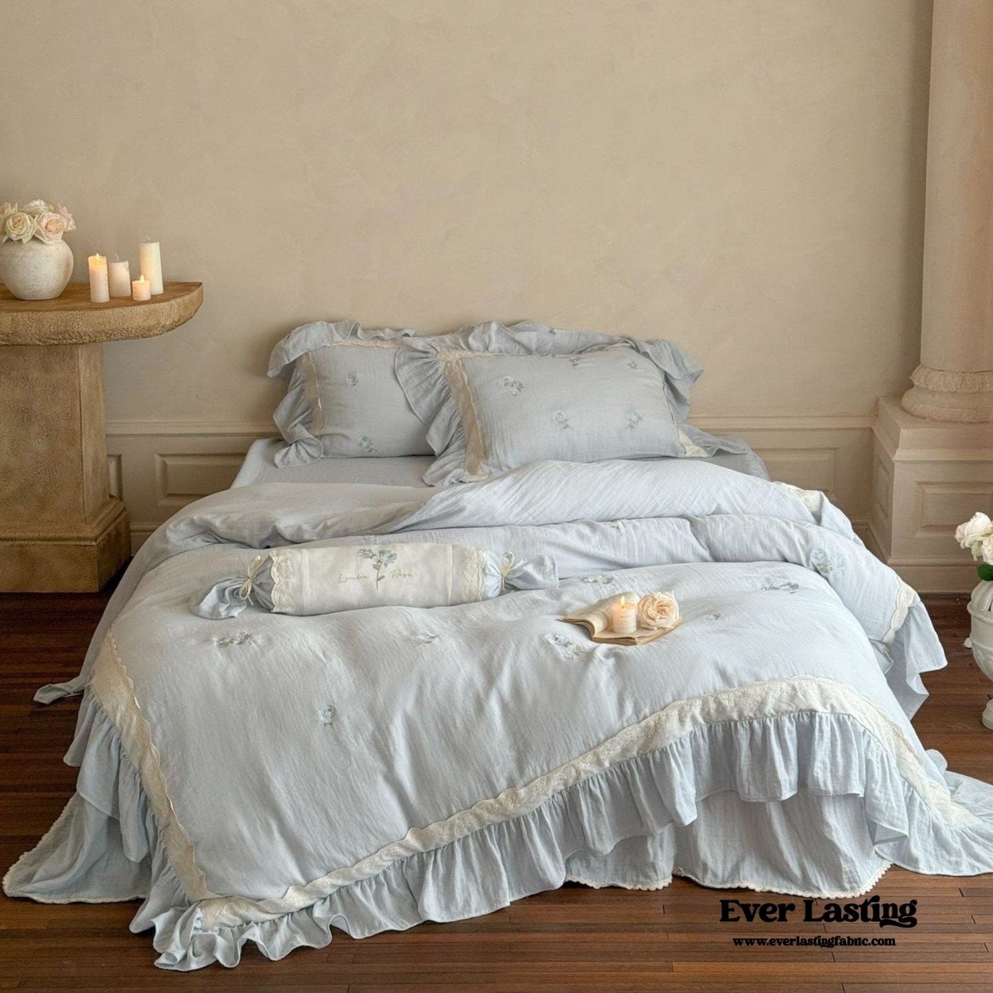 Beatrice Rose Lace Ruffle Bedding Set / Blue - Ever Lasting