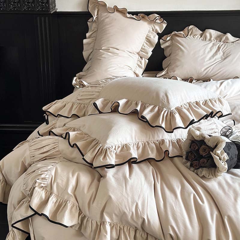  - Ever Lasting - Beige Black Trim Ruffle Bedding Bundle - Bedding Bundle - Ever Lasting