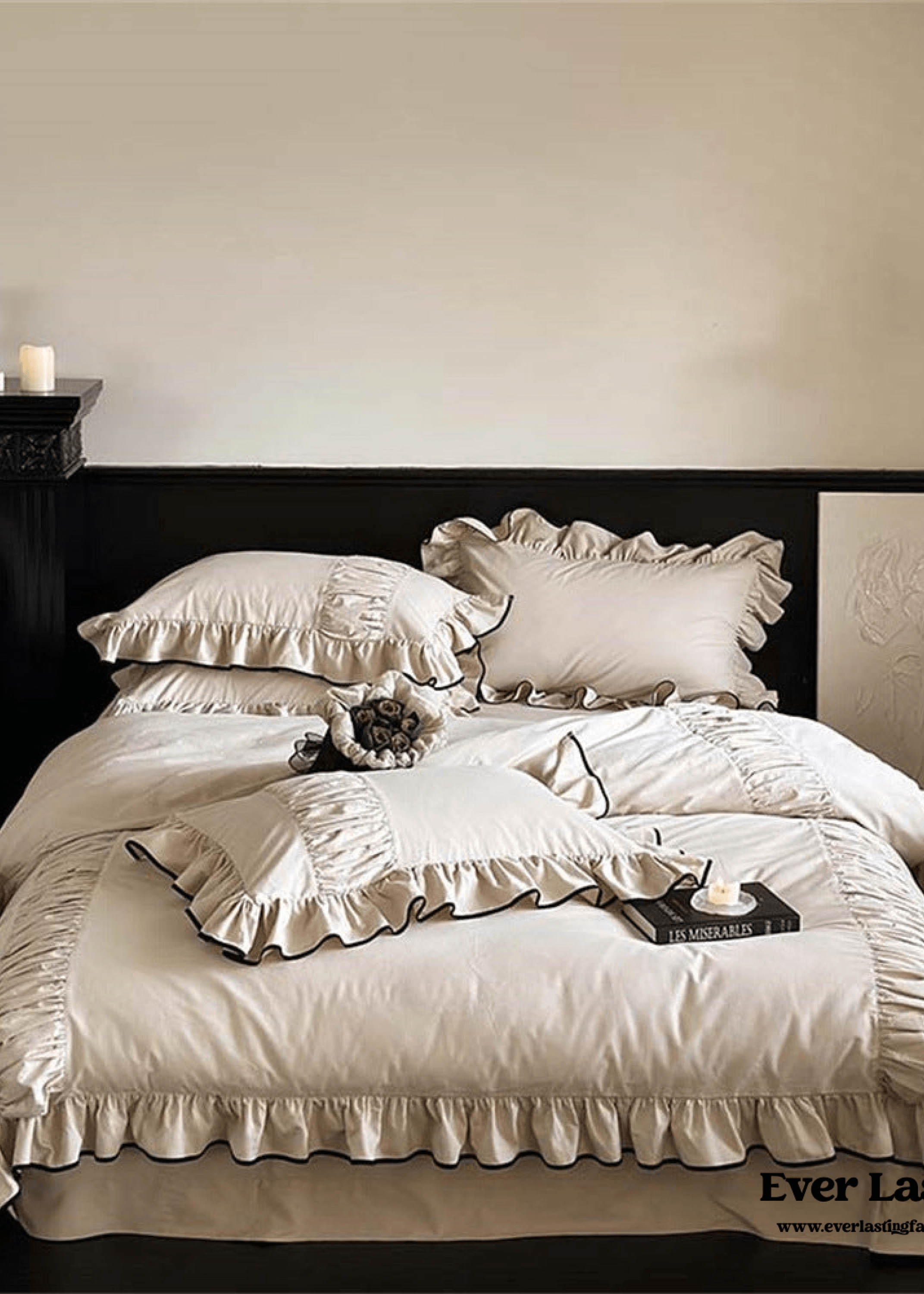  - Ever Lasting - Beige Black Trim Ruffle Bedding Bundle - Bedding Bundle - Ever Lasting