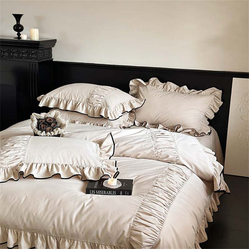 Pretty Ruffle Bedding Beige Black Trim Ruffle Bedding Set | Ruffle Duvet Set | Ever Lasting